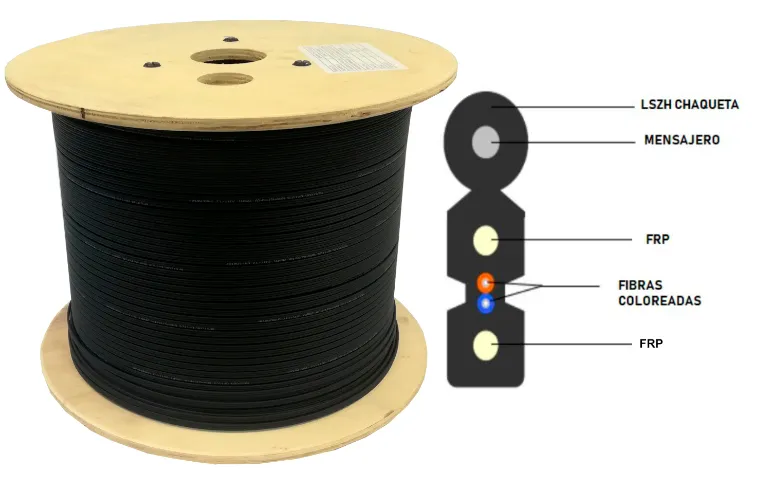 FIBRA DROP 1 HILO 1 KM MENSAJERO ACERO CARRETE MADERA